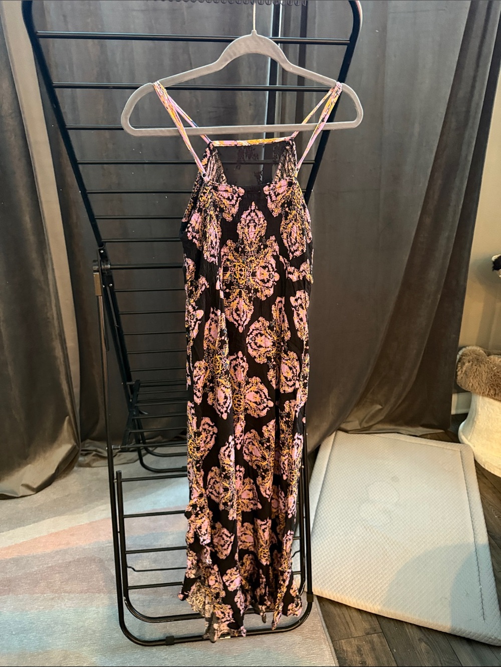 Dress Barn Black Maxi Dress with Pink and Gold Floral Medallions